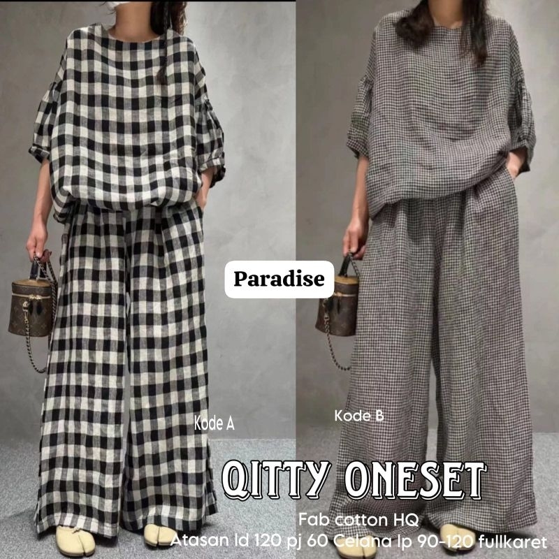 Qitty oneset , baju kotak-kotak