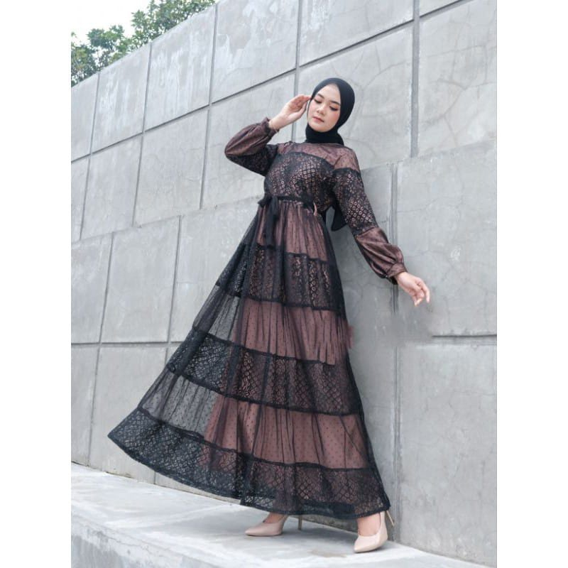 [BANTING HARGA] - Gamis Nadhira Syar’i Dress Muslim Satin Brokat Kombinasi Lace Free Tali Kekinian G