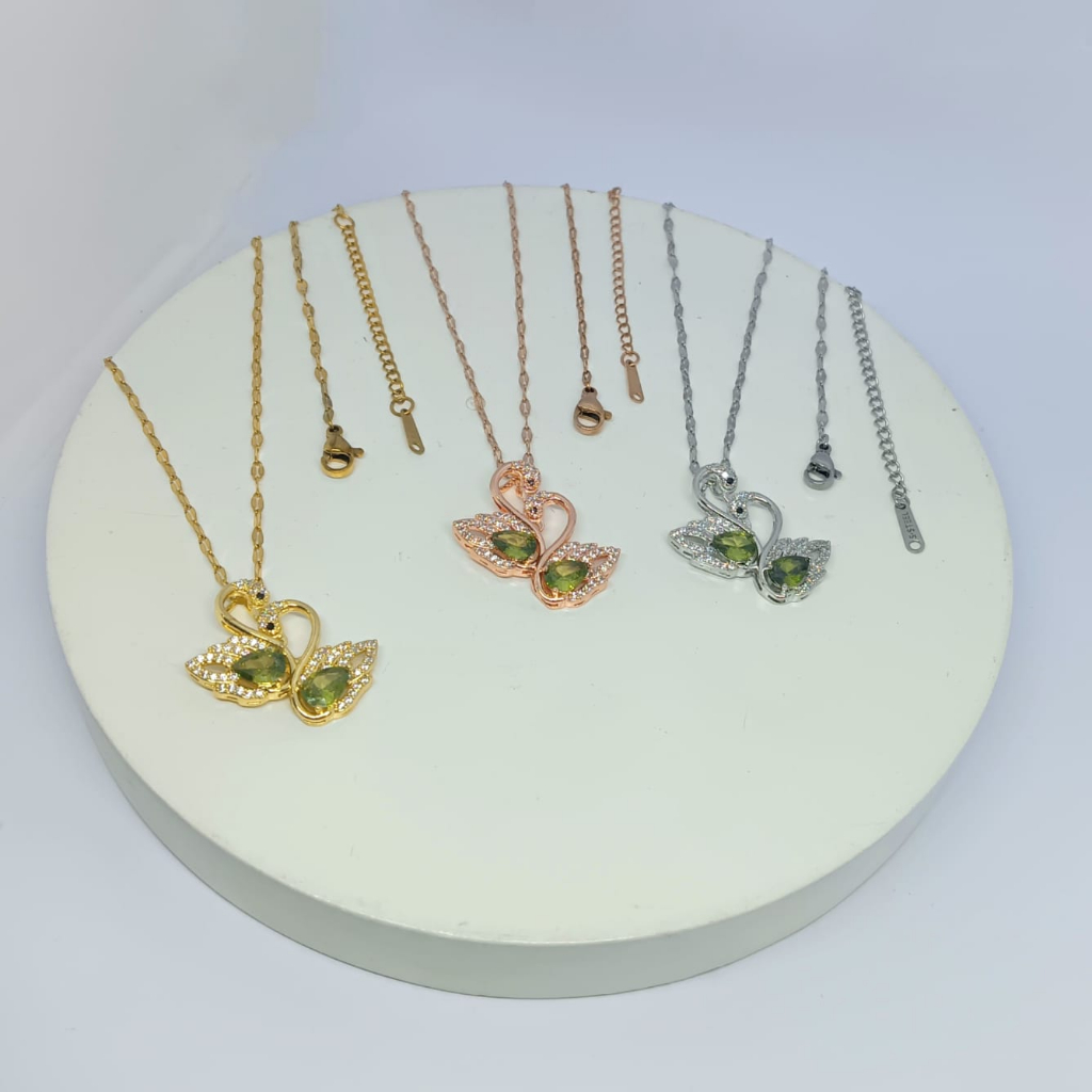 KALUNG TITANIUM SWAN ANGSA DOUBLE PERMATA GREEN FASHION KOREA