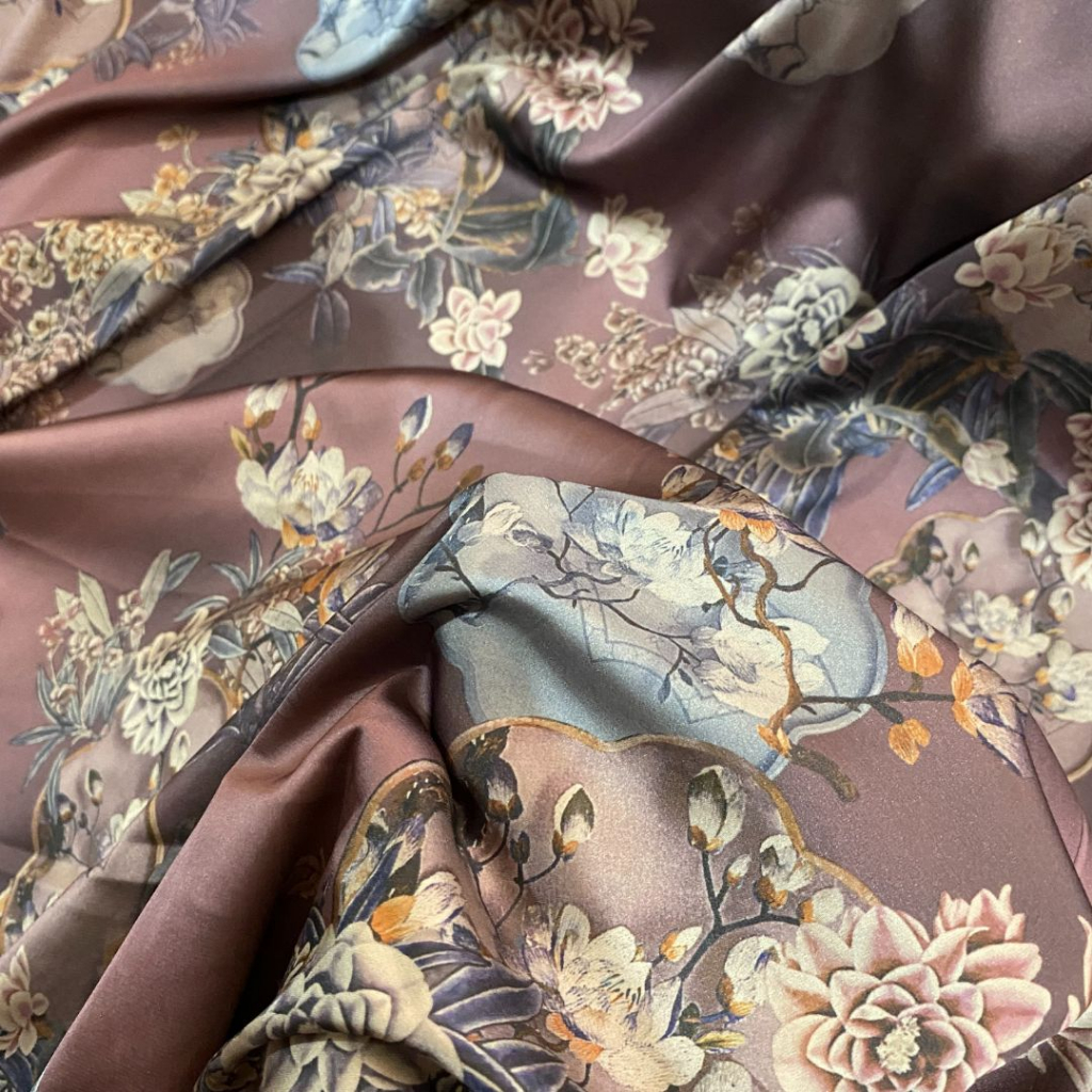 Saless Kain Satin Armany Brown Print Motif Mawar Rose Super Silk Premium Satin Armani 100% Super