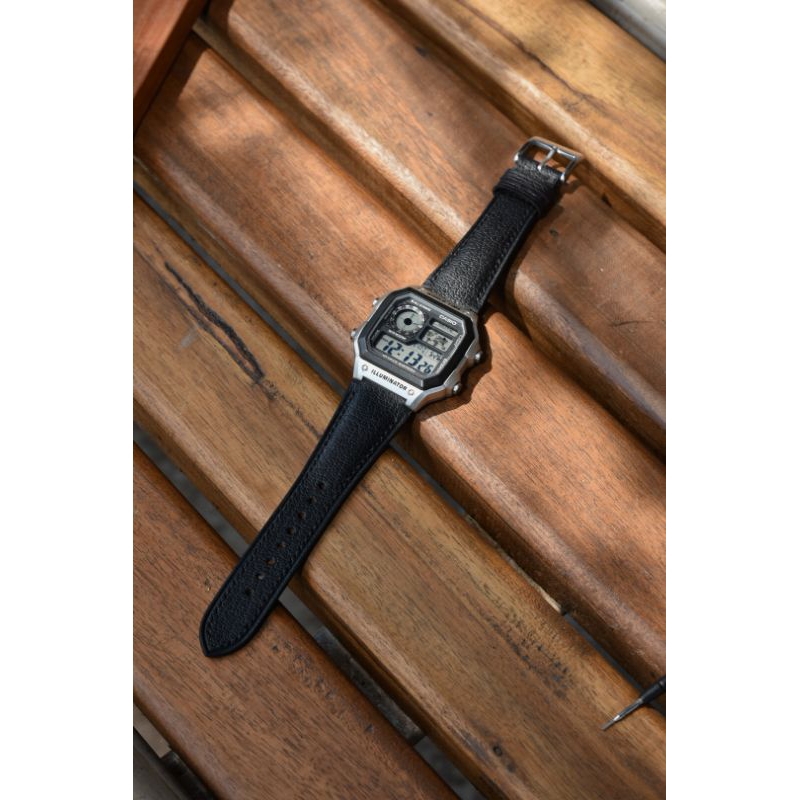 handmade Leather watch strap / strap jam tangan kulit casio ae1200 whd - chevre demso black