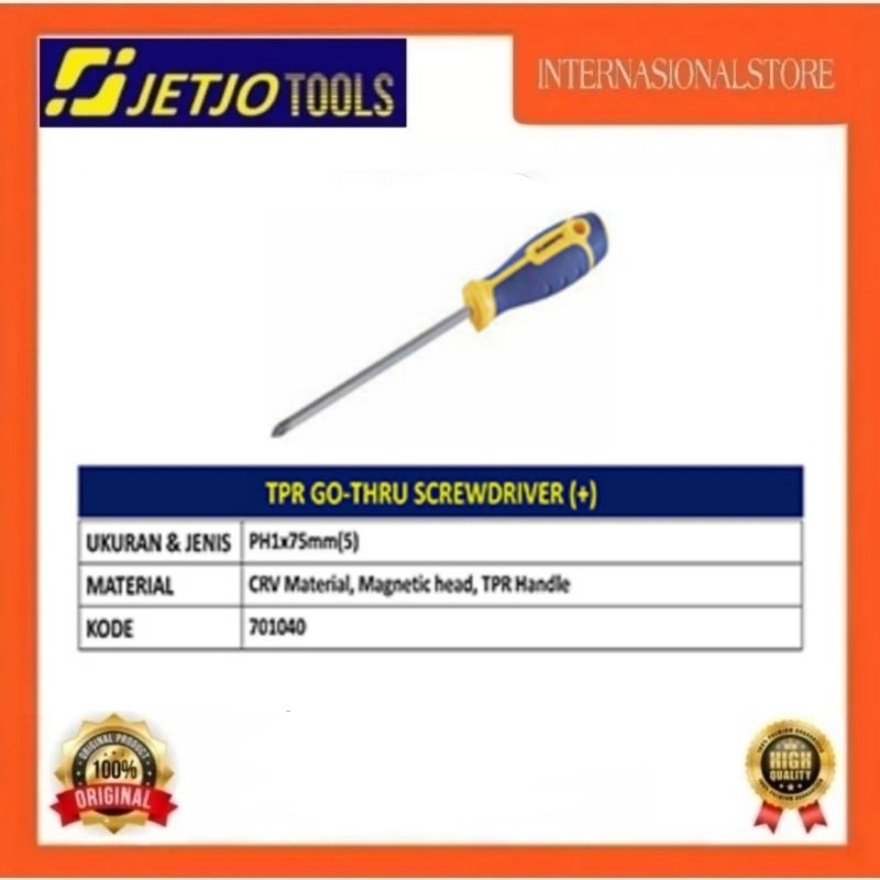 OBENG PLUS TPR GO-THRU SCREWDRIVER (+) PH1x75mm (5) JETJOTOOLS 701040