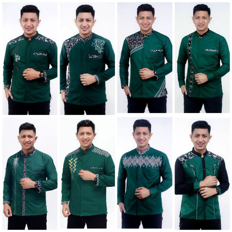 BAJU KOKO PRIA BORDIR LENGAN PANJANG KOMBINASI BATIK BORDIR WARNA HIJAU
