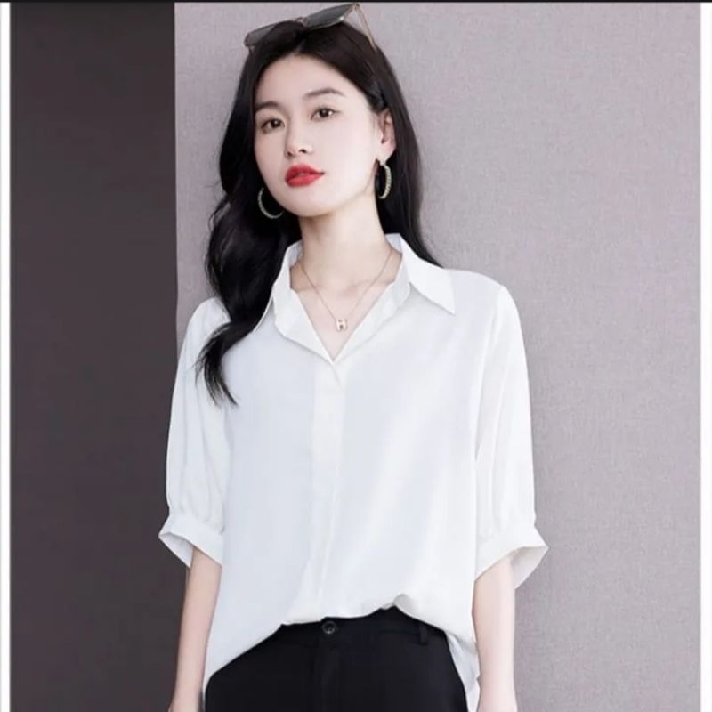 Blouse Wanita Leher V Lengan 7/8 / Atasan Wanita Ruffle Ballon Blus