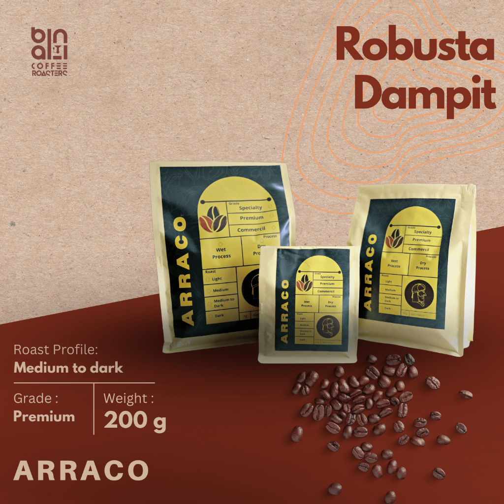 

ARRACO KOPI - Kopi Robusta Dampit Natural 200GR Biji / Bubuk | Natural - Medium To Dark Roasted