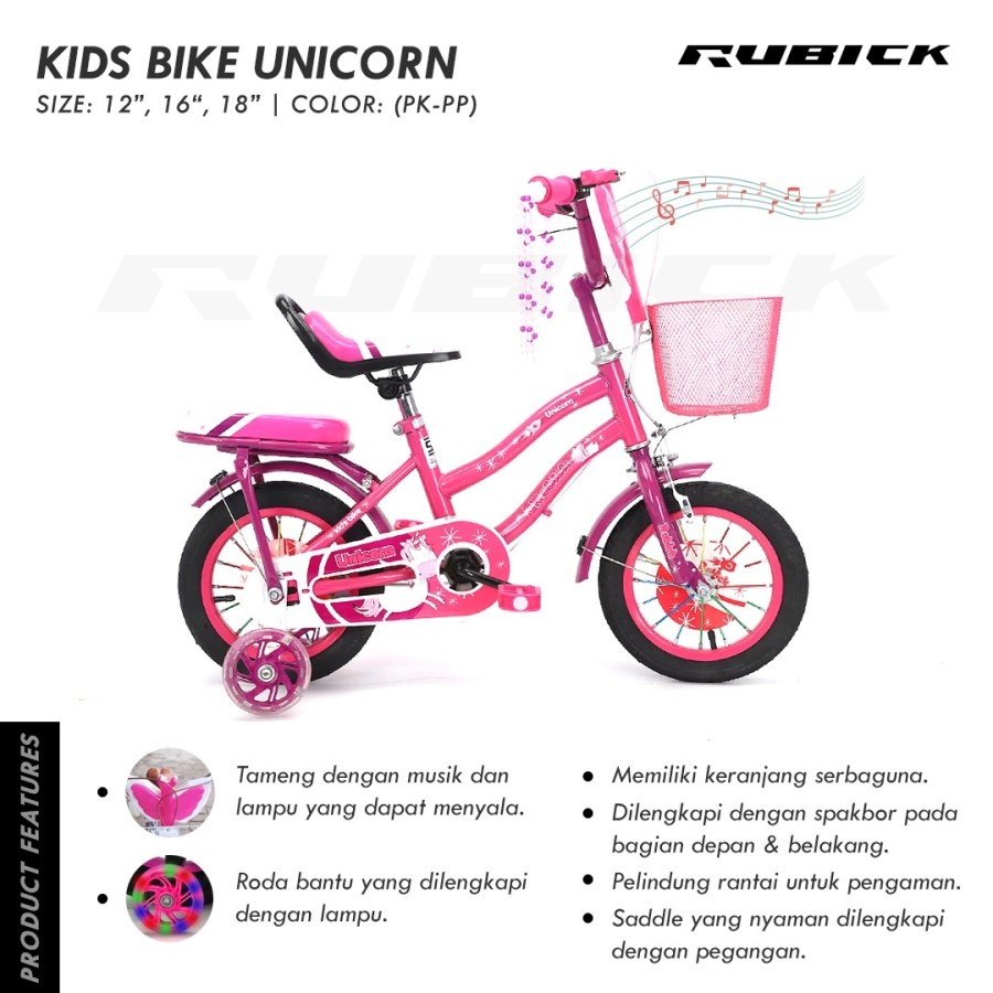 Sepeda mini 12 16 18 inch anak cewek ada musik lampu dan tameng rubick by united usia 3-9 tahun SNI NEW