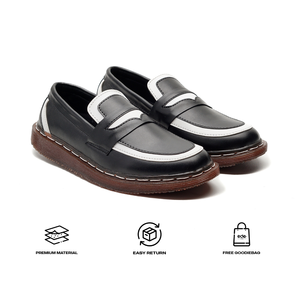 Edefootwear LUNA - Sepatu Slip on Penny Loafers  Kulit Casual Hitam Putih Pria