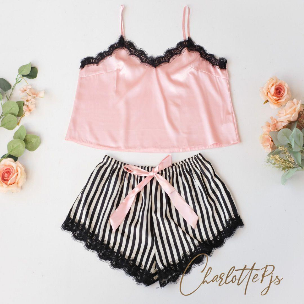 CHARLOTTE - Nikita Kusuma Fio set 2in1 Piyama Baju tidur Tanktop Lingerie Sexy Celana Pendek Satin Silk Motif Seserahan Premium