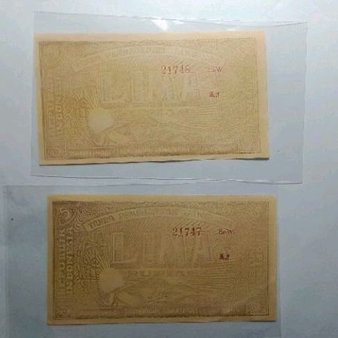 Langka 2 Lembar Uang Kuno ORIDA 5 Rupiah 1948 Sumatera Selatan Urut Seri UNC Bagus