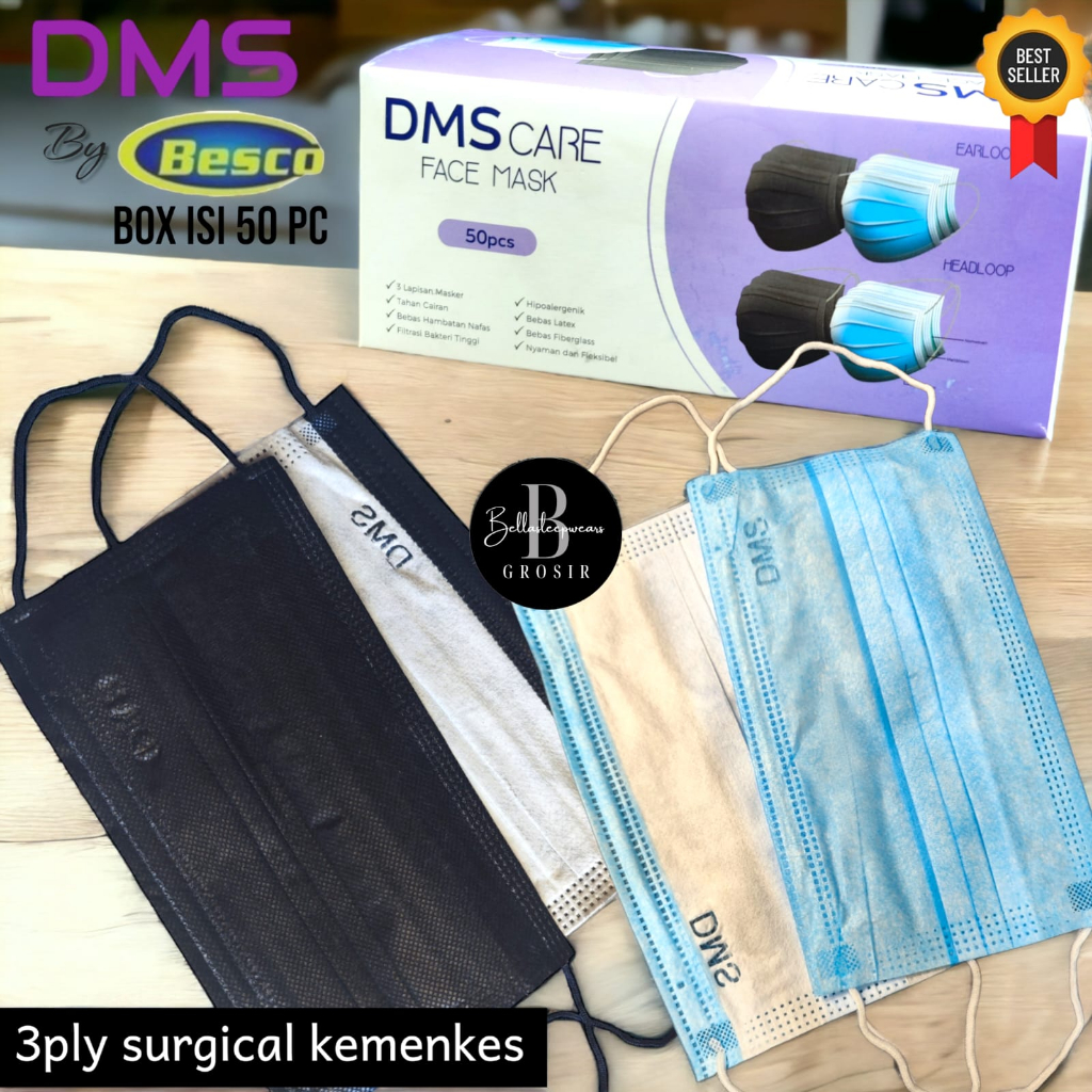 BESCO DMS - MASKER 3PLY ANTI VIRUS TEBAL MEDICAL GRADE Earloop BOX ISI 50pcs  KEMENKES - BIRU HIJAU 