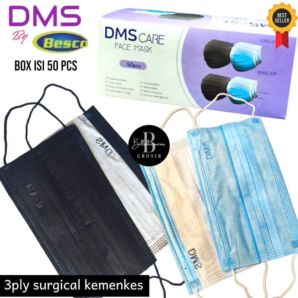 DMS CARE - MASKER DMS CARE EMBOS PREMIUM 3PLY EARLOOP DMS DISPOSABLE MASK - BIRU HITAM ISI 50 PC