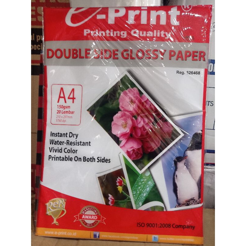 

Double side glossy paper e print A4 150gsm isi 20lbr (210x297mm 5760dpi)