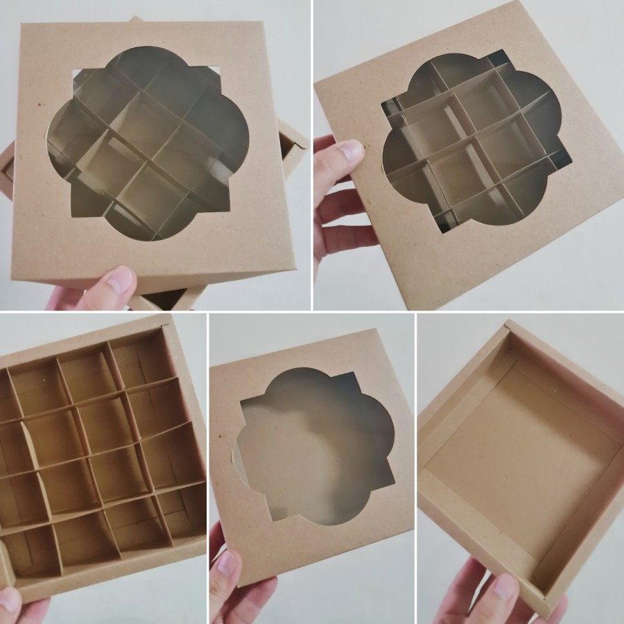 

(12 pcs) kardus mochi sekat 16 ukuran 4x4x3cm box nastar klasik bulat dus kraft coklat tebal tutup jendela mika
