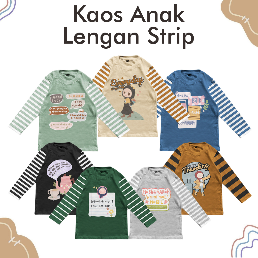 Kaos Atasan Anak Perempuan 1 - 12 Tahun Lengan Salur Motif Edukasi