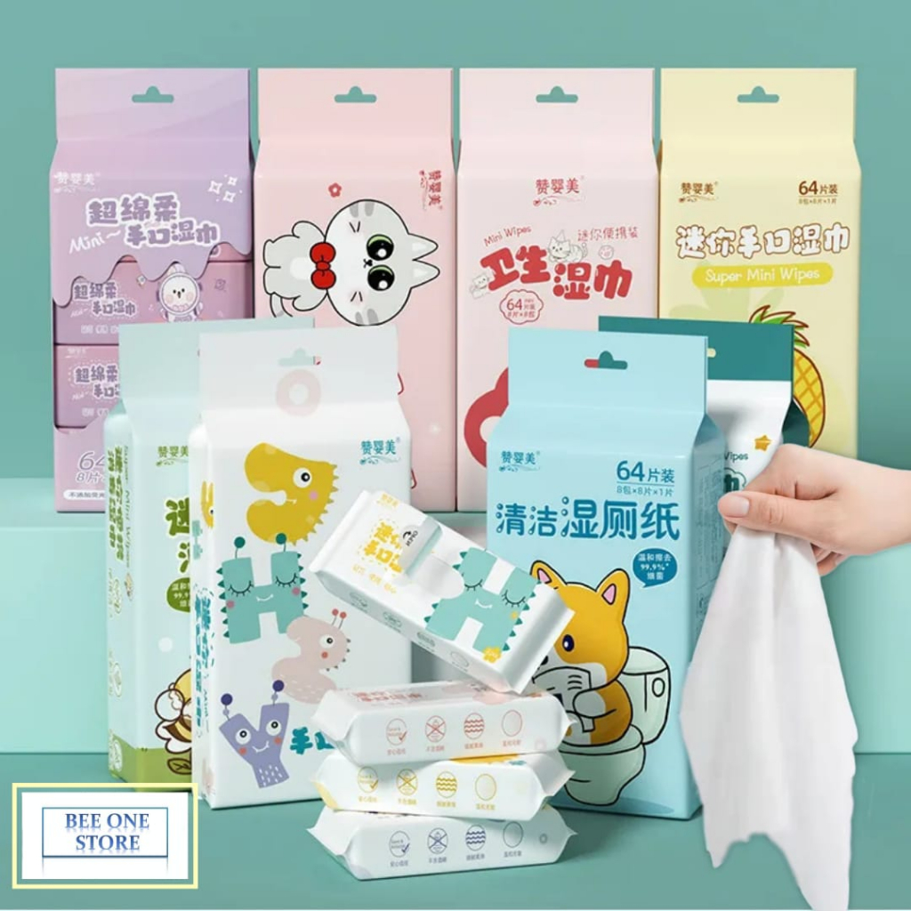 	 BEE ONE - Set Tissue Basah Mini Non Alkohol Isi 64pcs/8 Pack Tisu Basah Mini	