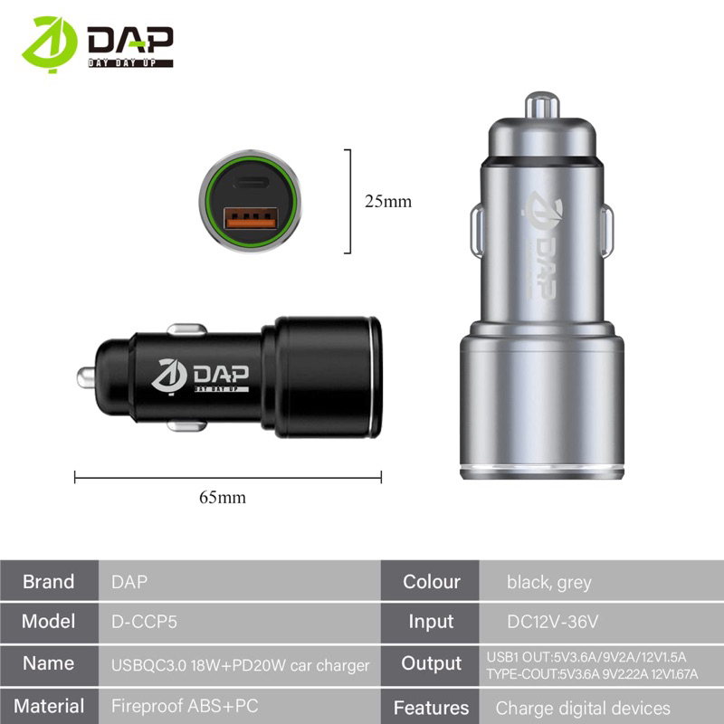 Car Charger DAP D-CCP5 38W Type-C PD USB/D-C3.0N Quick Charge 3.0 Original DAP