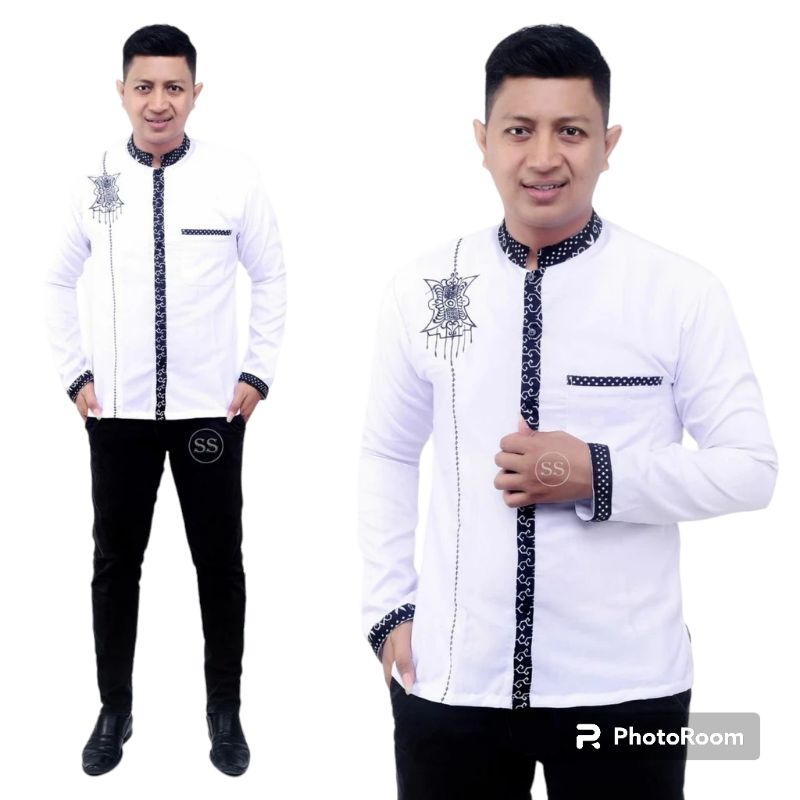 Baju Koko Pria Dewasa Lengan Panjang Motif Bordir Aceh Kombinasi Batik Terbaru 2024