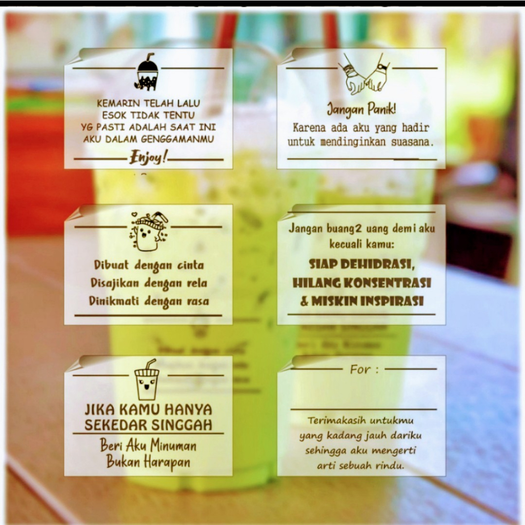 

Stiker Transparan Kata-Kata Cup Minuman 72 pcs / Label Kotak / Toples Kemasan / Botol minuman ANTI AIR