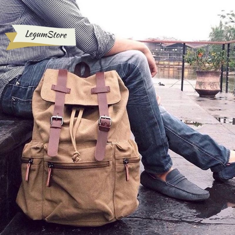 Ransel kanvas pria Wanita Punggung Gemblok Sandang Tas laptop Kerja Kuliah Sekolah