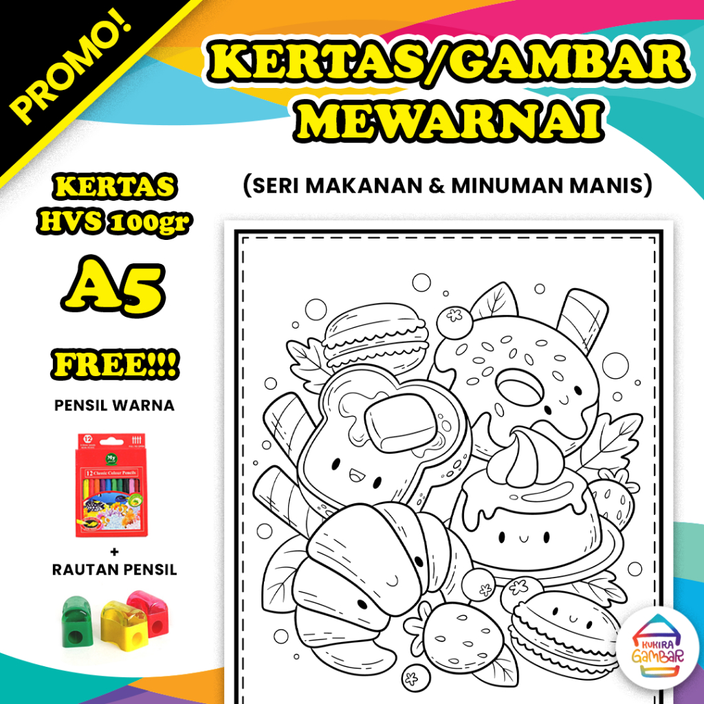 

Kertas Mewarnai / Gambar Mewarnai SERI MAKANAN & MINUMAN MANIS Untuk Anak PAUD TK SD HVS 100gr Bukan Buku Mewarnai