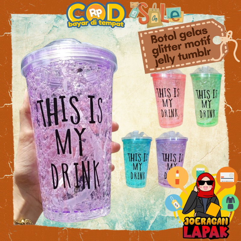 ⭐️JOERAGANLAPAK⭐️ BOTOL GLITTER JELLY 600ML TUMBLR LUCU GELAS TUTUP PLASTIK GELAS TUTU