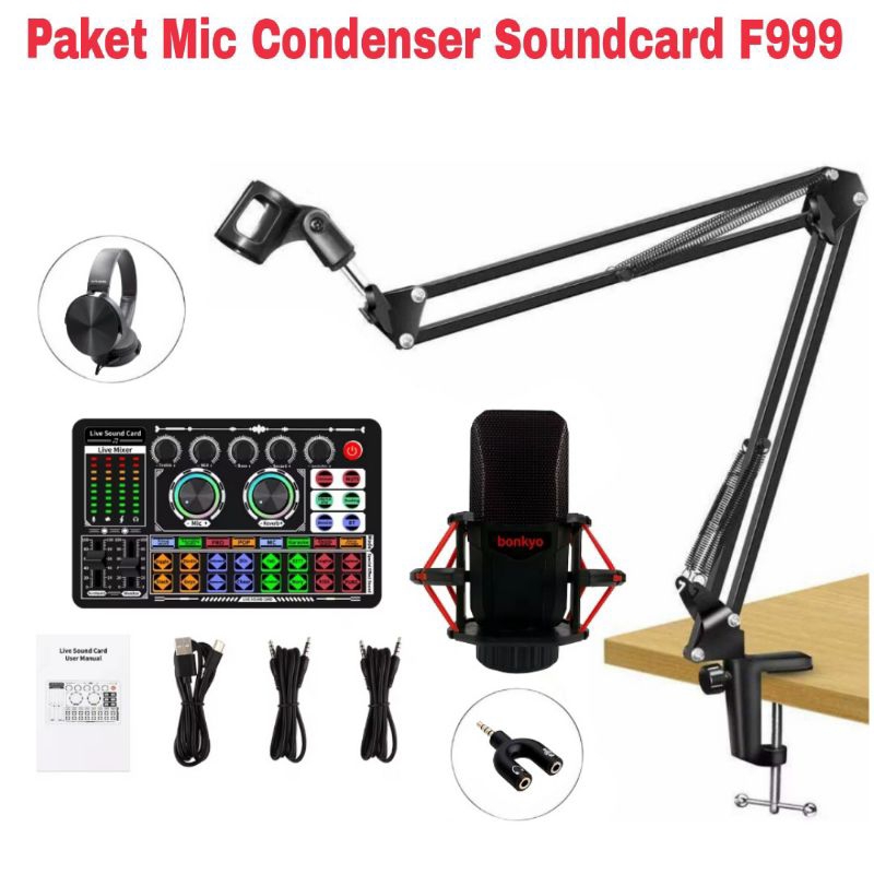 Paket Mic Condenser MK996 Soundcard F999 Stand Arm Live Streaming Terbaik