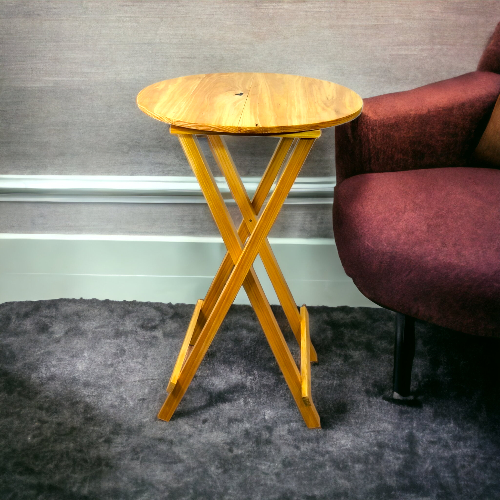 Meja lipat bundar/Meja lipat aesthetic/Meja lipat pojok ruangan/Meja lipat bundar kayu pinus