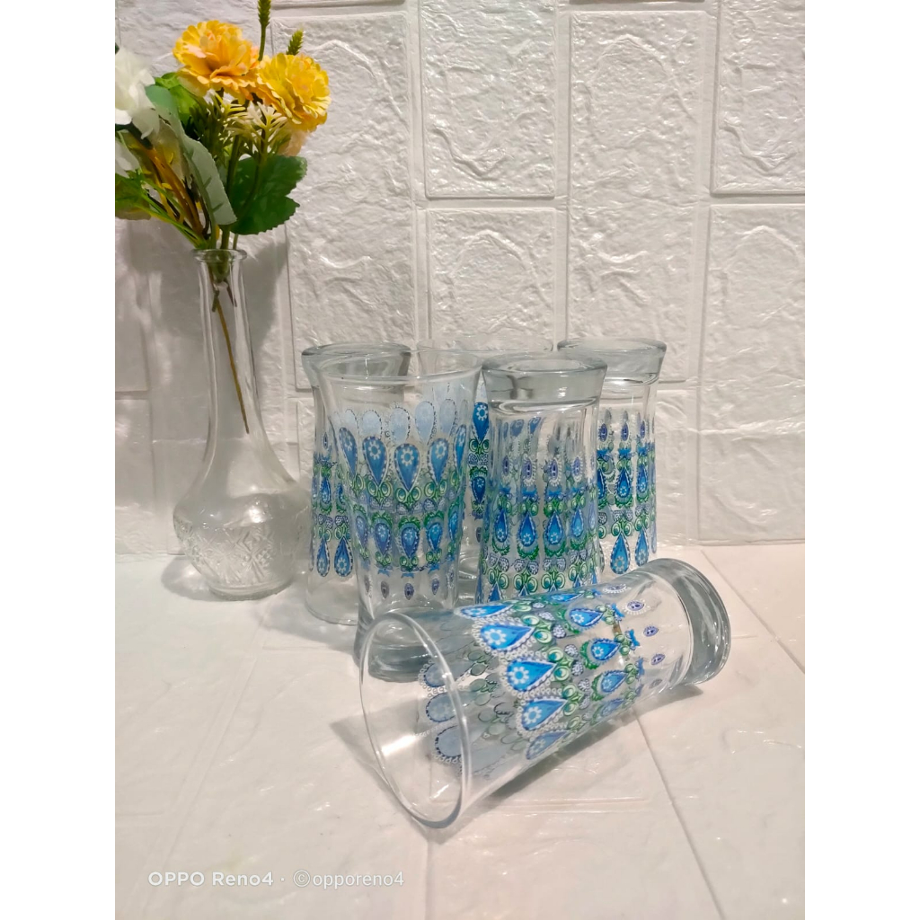 6 Pcs Gelas Kaca Motif Warna Biru / Gelas Minum Motif Batik Printing