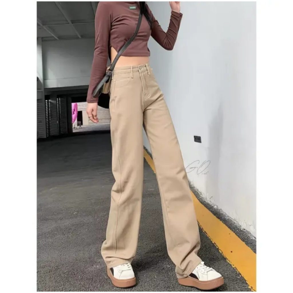 Highwaist Kulot Jeans Loose Khaki | Celana Kulot Jeans Wanita Loose Warna Khaki Cream