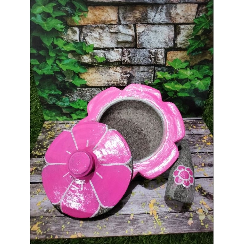 COBEK ASLI BATU  BUNGA PLUS ULEKAN DAN TUTUP 22cm