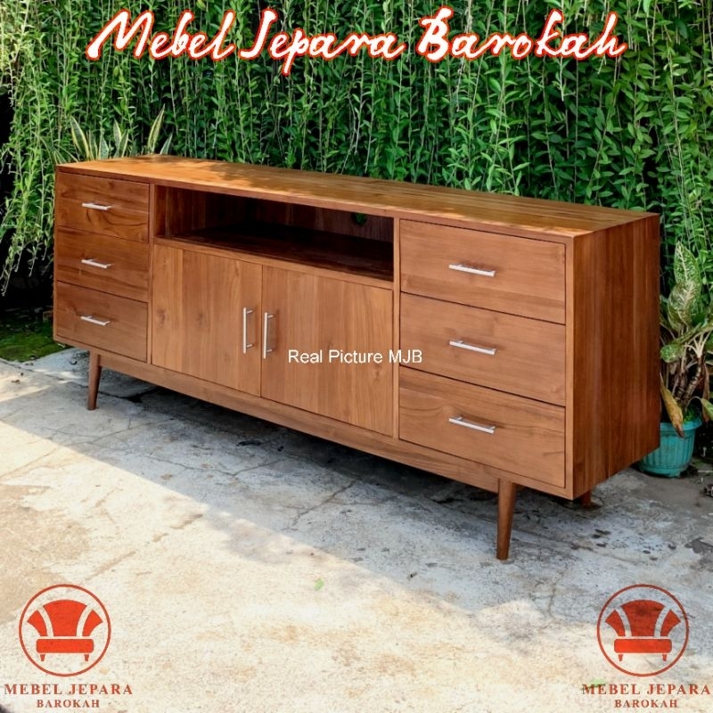 Bufet TV Meja TV Credenza Kayu Jati Rak TV Klasik 6 Laci Minimalis