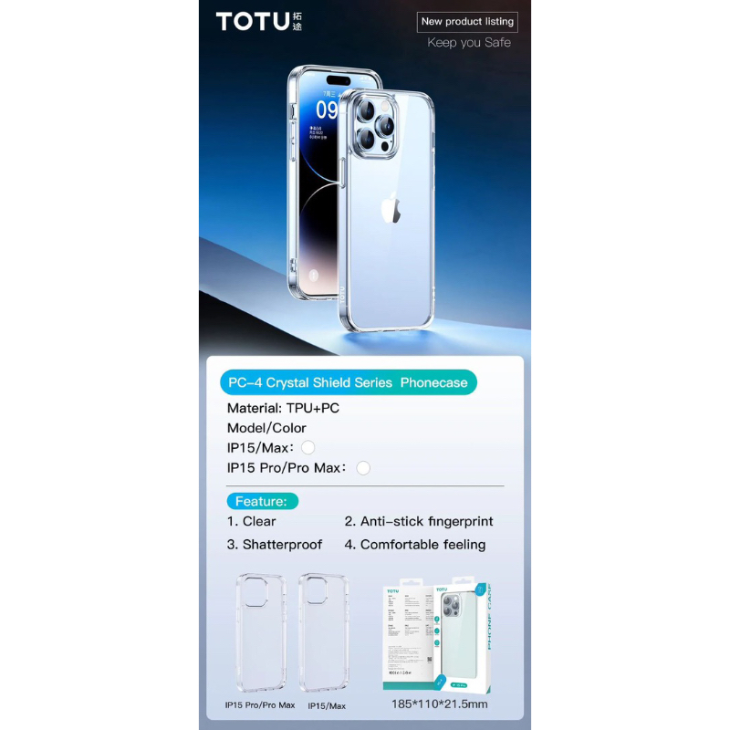 Crystal Case Iphone 15/Iphone 15 Pro/Iphone 15 Plus/Iphone 15 Pro Max TOTU ORIGINAL Transparent Hard