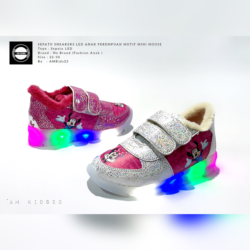 Sepatu anak perempuan motif karakter MINIMOUSE / Sneakers LED anak perempuan usia 1-5 tahun