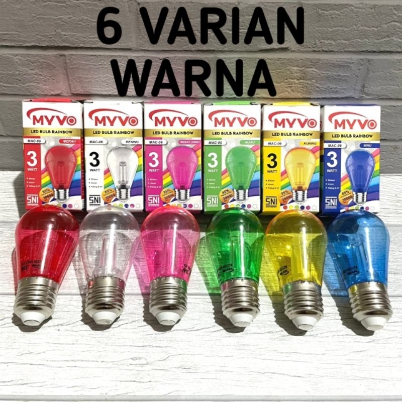 MYVO RAINBOW LAMPU LED BULB WARNA 3W MODEL PIJAR LAMPU HIAS  SNI MERAH KUNING HIJAU BIRU PINK BENING