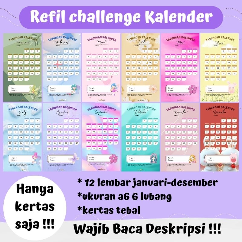 refil kertas challenge kalender 12 lembar / binder keuangan viral