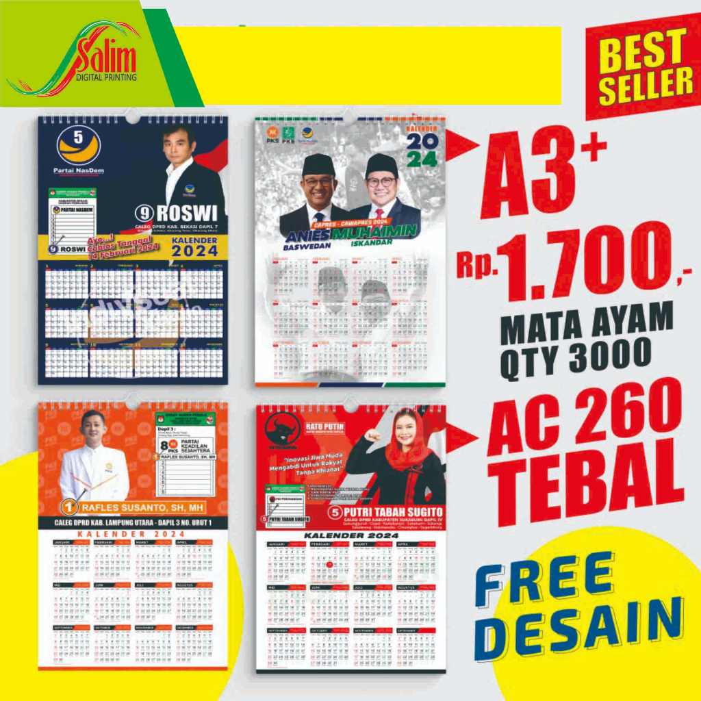 

Cetak Kalender Caleg 2024 - A3+ AC260 TEBAL - Kalender Dinding - 1 LBR - TANPA GANTUNGAN, 3000