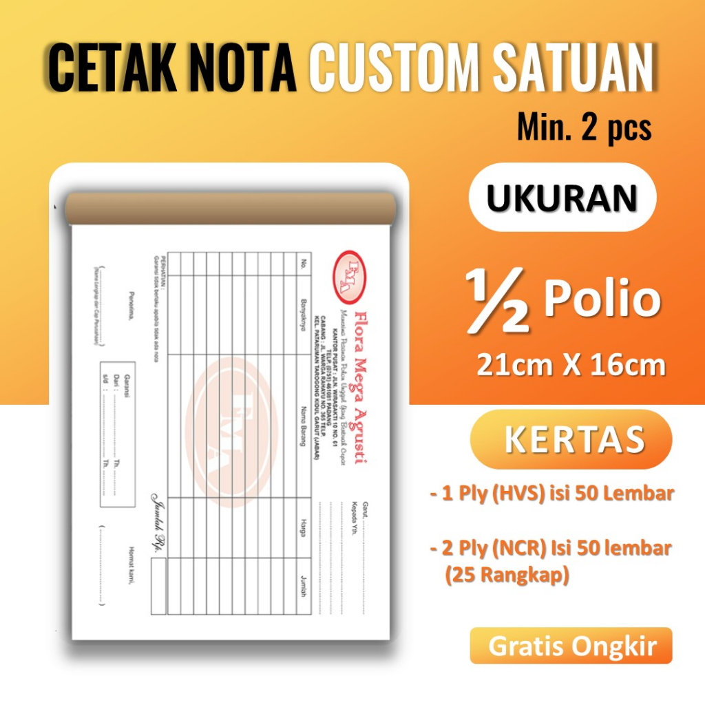 

Nota Bon Faktur Surat Jalan Kwitansi Full Color Custom 1ply - 2Ply ukuran 1/2 Folio