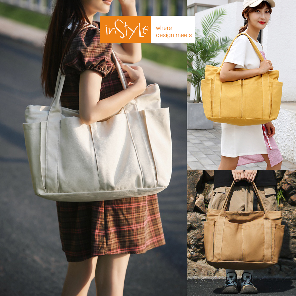 Bahu Kanvas Wanita Tas Tote Kanvas Jumbo Wanita dengan Banyak Kantong Tas Tote Kanvas Jumbo Wanita d