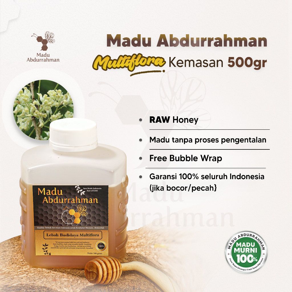 

Madu Nektar Multiflora (500g). Madu Abdurrahman 100% MURNI & ASLI Raw Honey