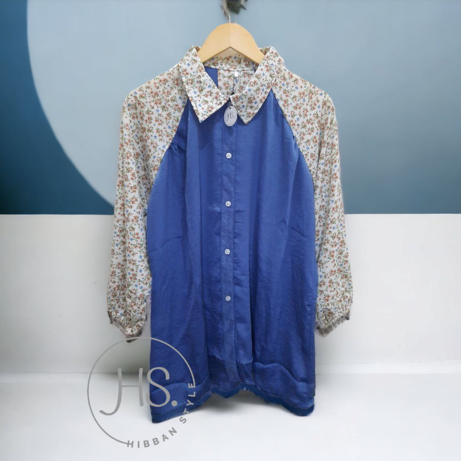Hibban Style Hera Blouse Kemeja Atasan Wanita Silky Motif Bunga - Biru