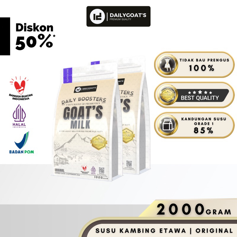 

DAILYGOATS Susu Kambing Etawa Bubuk GRADE 1 2kg 2000gram Rasa Original Platinum Goat Milk Powder Drink Pasteurisasi Cair Natural Sehat Asli Terjamin