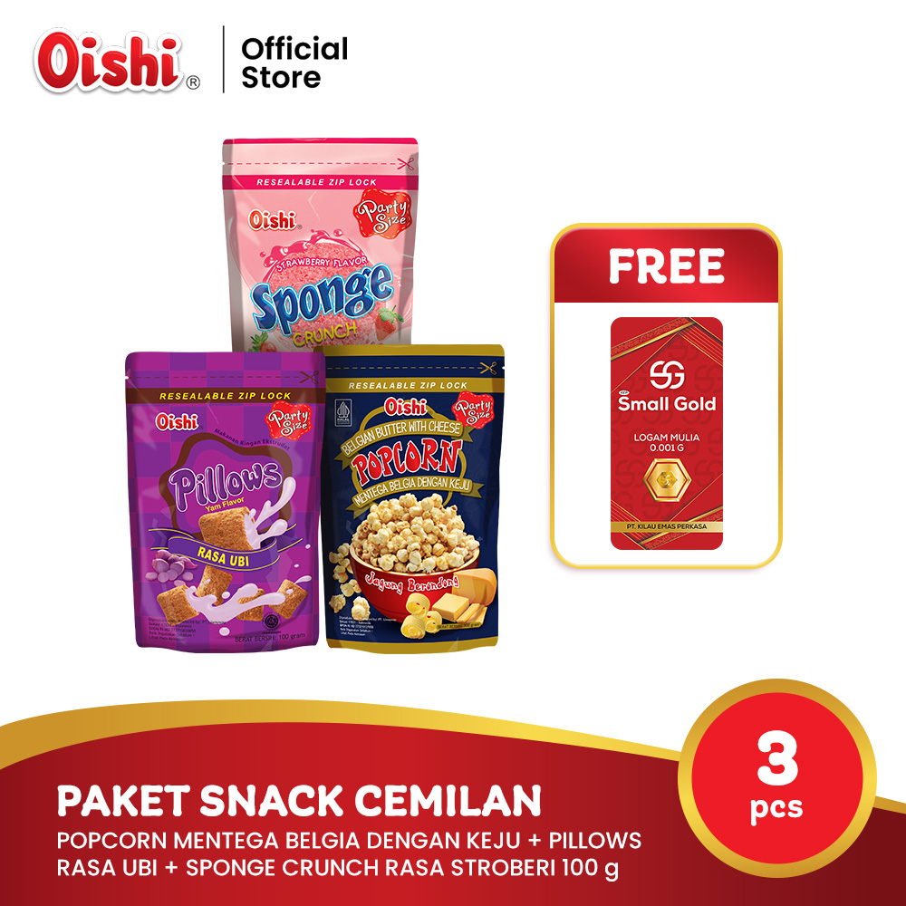 

Oishi Paket Snack Cemilan [100 gr x 3 pcs] FREE Mini Gold - Makanan Ringan Popcorn Mentega Belgia Keju + Pillows Ubi + Sponge Stroberi