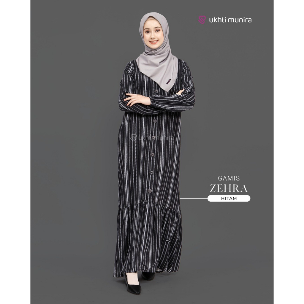 Ukhti Munira Gamis Katun Twill Premium Warna Hitam Motif Salur Busui Friendly Adem Tidak Terawang Fl