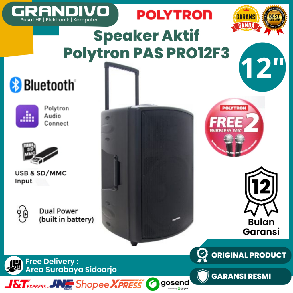 Speaker Portable Polytron 12inch PAS PRO12F3 Bluetooth FREE Mic Wireless - Grandivo