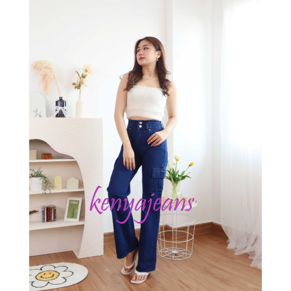 7C-G CARGO LOOSE JEANS PINGGANG KARET PREMIUM ~ BOYFRIEND CARGO ~ CELANA JEANS WANITA KARGO ~ NON STREACH ~ BIRU TUA (DIAMOND) ~ 27-30