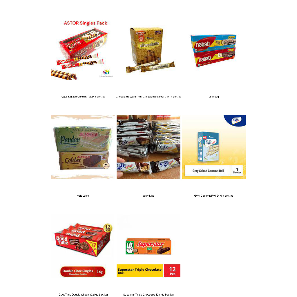 

Superstar wafer coklat , astor singles coklat , Nabati Chocolate Wafer , Nabati Chocolate Wafer Kelapa , good time , apella coklat , apella pandan , gery salut , gery saluut , chocolatos wafer roll , chocolatos waver coconut roll