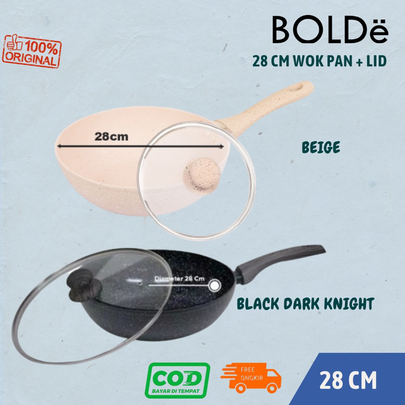 BOLDe 28 CM WOK PAN +TUTUP KACA Wajan Penggorengan Granite Anti Lengket