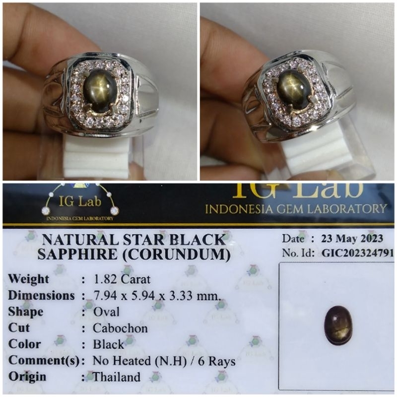 Cincin Batu Natural Black Sapphire Star Plus Memo