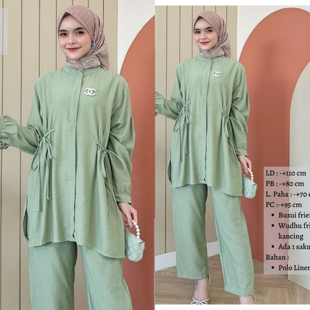ONE SET TIARA POLO LINEN SET TUNIK POLO LINEN TALI ONE SET LINEN TERBARU