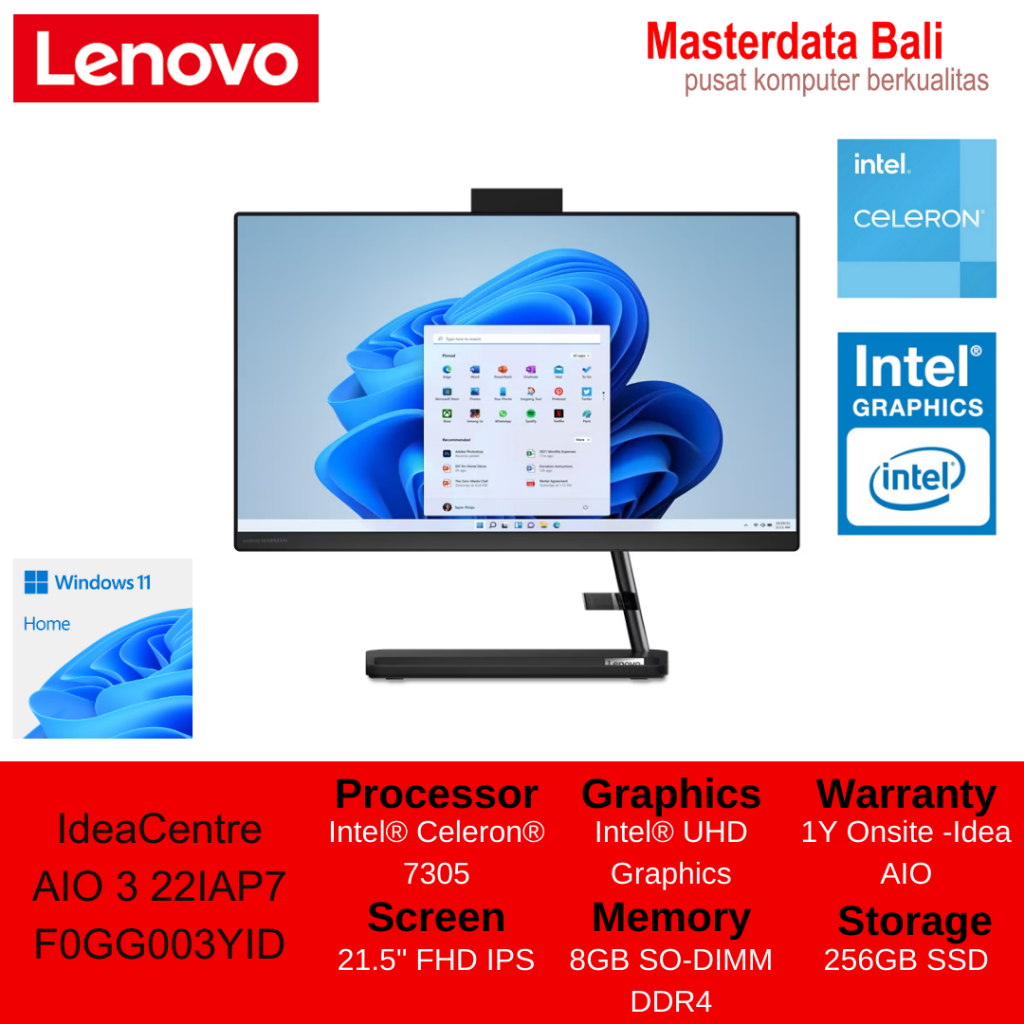 PC Lenovo IdeaCentre AIO 3 22IAP7 Intel Celeron 21.5" FHD Touchscreen